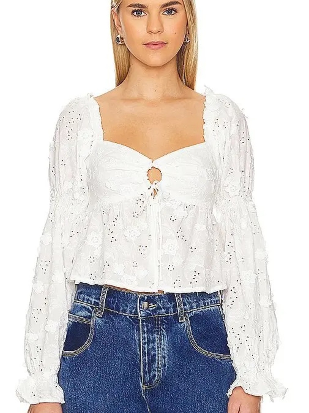 ASTR White Eyelet Tie-Front Peasant Blouse